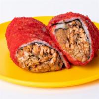 Salmon Sushi Burrito · Fresh salmon, sushi rice, cucumber, and crunchy flakes wrapped in soybean paper.