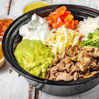 Meat Bowl · Comes with whole beans, rice, tomatoes, onions, cilantro, salsa, guac, sour cream & cheese.