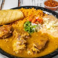 Chile Verde Plate · Pork chunks. Comes with rice and beans, flour, or corn tortillas.