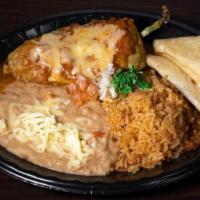 Chile Relleno Poblano Plate · Comes with rice and beans, flour, or corn tortillas.