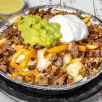 Anaheim Street Fries · Round tray container for 1 person french fries melted cheese , guacamole & sour cream.