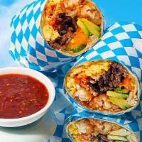 Bacon Breakfast Burrito · Eggs, bacon, tater tots, melted cheese, caramelized onions, avocado.