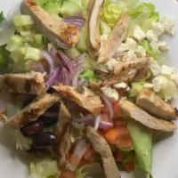Chicken Greek Salad  · Chicken breast, feta cheese, Kalamata olives, cucumber, onion, tomato, and Greek dressing. O...