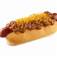 Chili Cheese Hot Dog · Classic hot dog with chili, melted cheese, mustard and ketchup.