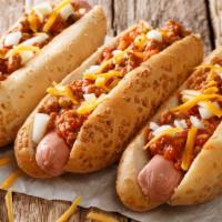 Chili Hot Dog · Classic hot dog with chili, mustard and ketchup.