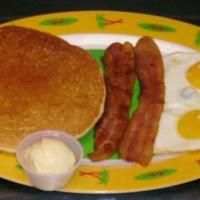 Pancake, Egg, Sausage Or Bacon · Two pancakes, two eggs, two sausages or two bacon.