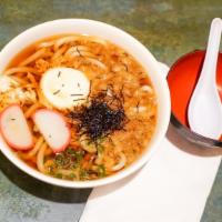Udon Soup · Soy broth with thick wheat-flour noodle, green onions, seaweed, and thin slices of kamaboko.
