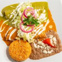Enchiladas (3 Pc) · Stuffed with chicken or cheese, choice of a delicious homemade sauce, sour cream and cheese,...