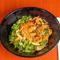  Sautéed Shrimp Bowl · Your choice of base with lettuce, cucumber, pickled carrot, onion, fried shallot, and crushe...