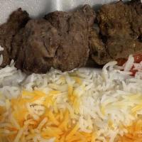 Chelo Kabab Barg · Flat tender slices of all natural filet mignon, marinated in special house recipe, broiled  ...