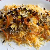Shirin Polo · Almonds, Pistachios, Orange peel, mixed with Basmati rice.
