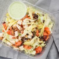 West Coast Chopped Salad · Shredded lettuces, roast chicken, avocado tomato, bacon, artichoke hearts, kalamata olives a...