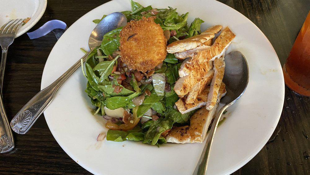 Spinach Salad & Grilled Chicken · With warm goat cheese, fresh tomato, red onions, bacon, mushrooms, roasted peppers and aged balsamic vinaigrette.