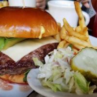 California Burger · Handmade prime hamburger patty, avocado, arugula, red onion, honey mustard, Monterey jack ch...