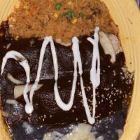 Enchiladas De Mole · Our chef's exquisite mole sauce served over two chicken enchiladas, topped with toasted sesa...