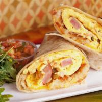 Pastrami And Bacon Breakfast Burrito · Two scrambled eggs with deli-style pastrami, crispy potatoes, melted cheese, and bacon wrapp...