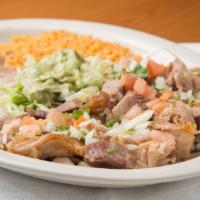 #15. Pork Carnitas · Deep fried pork served with guacamole and pico de gallo. Corn or flour tortillas.