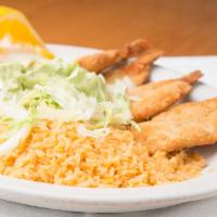 Camarones Empanizados · Spicy. Breaded shrimp served with fries. Served with salad and buttered bread.
