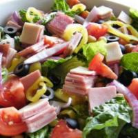Antipasto Salad · Romaine, tomatoes, cucumbers, red onion, pepperoncini, artichokes, cold cuts, cheese, and It...