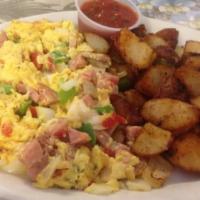 Polish Scramble · Diced kielbasa, red and green peppers, onions and jack cheese.