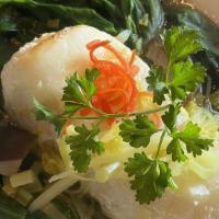 Chilean Seabass · Steamed with ginger sauce.