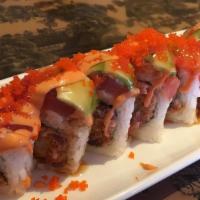 Holiday Roll · Deep fried shrimp & spicy tuna topped with sake, maguro, avocado, unagi sauce, spicy mayo an...
