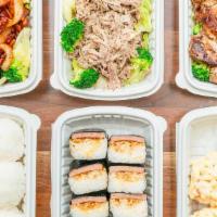 Family Dinner B · Serves five-6 people, musubi with spam (6), BBQ chicken, Hawaiian BBQ beef short rib, chicke...
