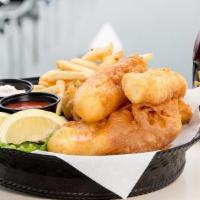 Fish & Chips · Beer battered cod loin. Served with coleslaw.