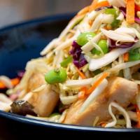 Crunchy Asian Chicken Salad · Mixed greens, shredded cabbage, grilled chicken, carrots, green onions, edamame, slivered al...