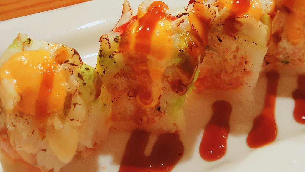 Haneda Roll · Shrimp Tempura, Crab, Spicy Tuna Roll, Avocado & Seared Lobster on Top