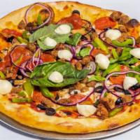 Works · Pepperoni, sausage, mushroom, olives, onions, bell peppers.