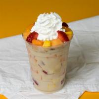 Escamocha · Fresa, mango, platano, manzana, melon, papaya y piña, opciones, crema dulce, jugo de maranja...