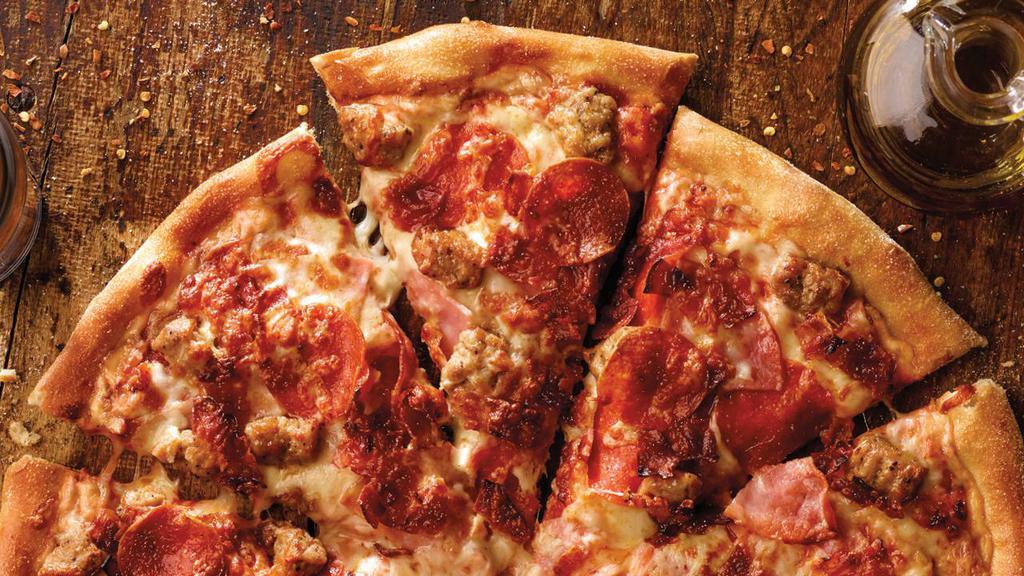 All Meat (Medium) · Eight slices. Classic pepperoni, ham, Italian sausage, bacon, our signature sauce, and three-cheese blend. 330 cal. per slice.