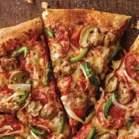 Deluxe · Pepperoni, mushrooms, green peppers, onions, our original sauce and signature three cheeses.