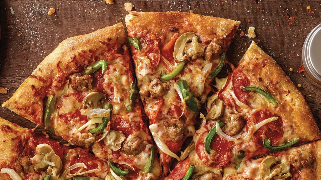 Deluxe Pizza - Extra Large (12 Slices) · Pepperoni, Italian sausage, mushrooms, green peppers, onions, our original sauce, and signature three cheeses. 350 cal. per slice.