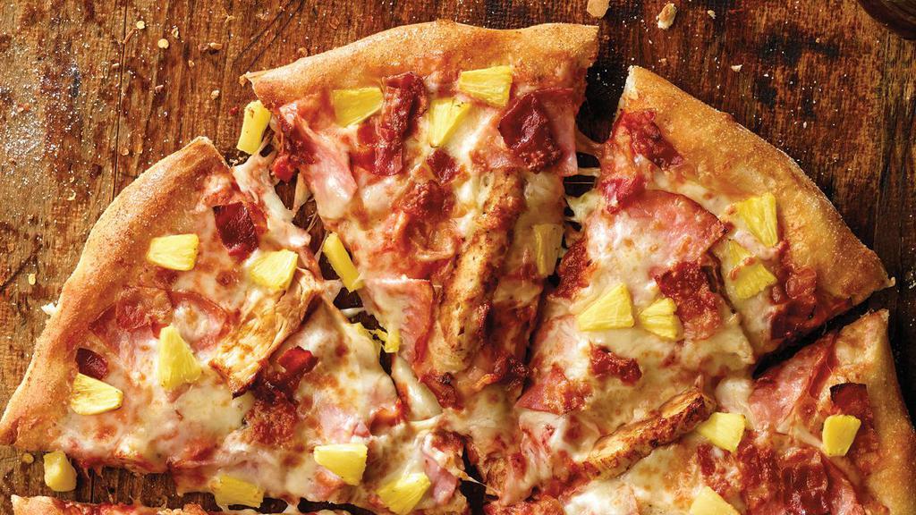 Original Crust Hawaiian Chicken Pizza · Ham, grilled chicken, bacon, pineapple, our original sauce and signature three cheeses