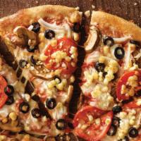 Medium Garden · Mushrooms, black olives, onions, sliced tomatoes, our signature sauce and three-cheese blend...