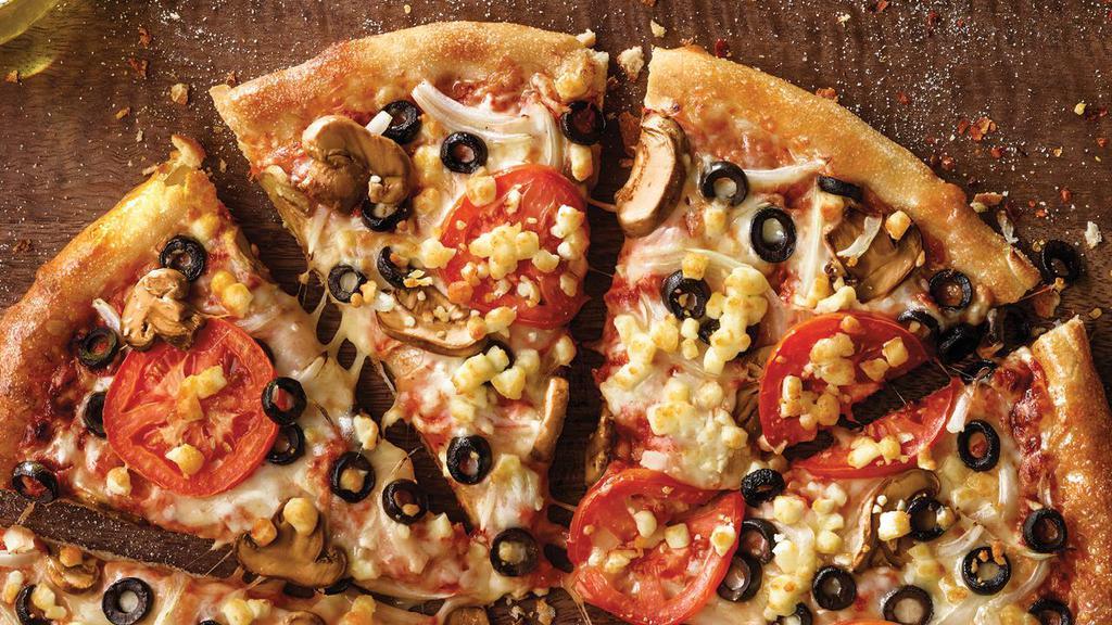 Crispy Thin Crust Garden Pizza · Mushrooms, black olives, onions, sliced tomatoes, our original sauce and signature three cheeses, plus feta