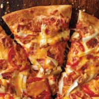 Chicken Fresco (Large) · Eight slices. Grilled chicken, bacon, onions, sliced tomatoes, our signature sauce, and thre...