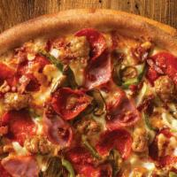 The Works Pizza · Eight slices. Pizza sauce, cheese, original crust, pepperoni, ham, green peppers, Italian sa...
