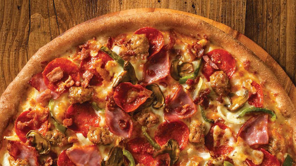 The Works · Pepperoni, ham, green peppers, Italian sausage, mushrooms, bacon, onions, our original sauce and signature three cheeses.
