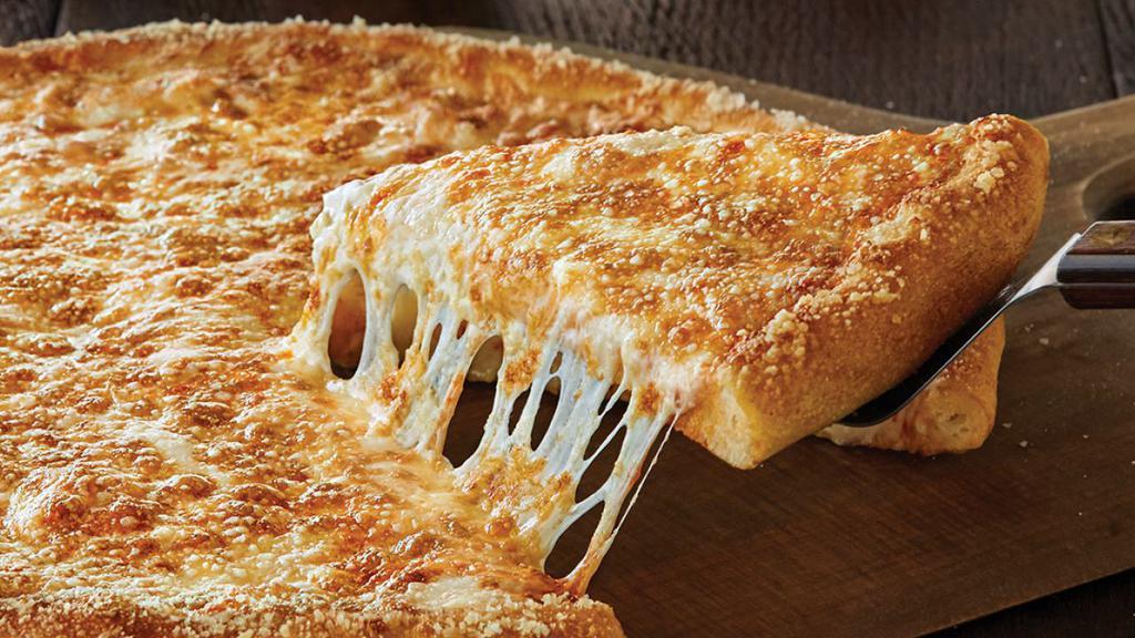 Original Crust Big Cheese Pizza · Our original sauce and signature three cheeses, plus cheddar and shaved parmesan, topped with our parmesan cheese crust topper