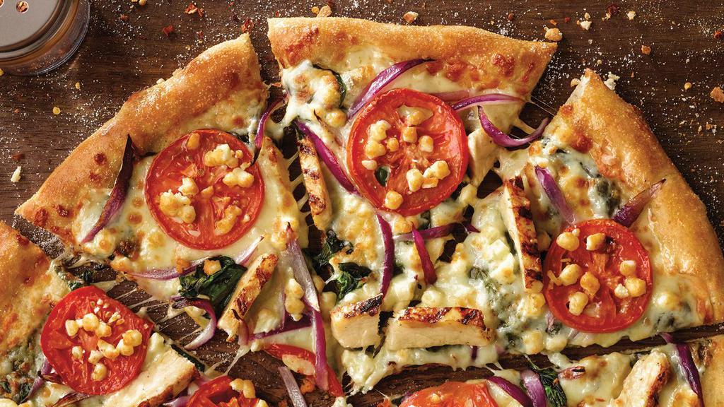 Grilled Chicken Florentine (Small) · Grilled chicken, garlic Parmesan sauce, fresh spinach, red onions, sliced tomatoes, and our signature three-cheese blend, plus feta. 240 cal.
