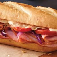 Ham & Cheese · Ham, provolone cheese, tomatoes, red onions, and mayo. 580 / 1,150 cal.