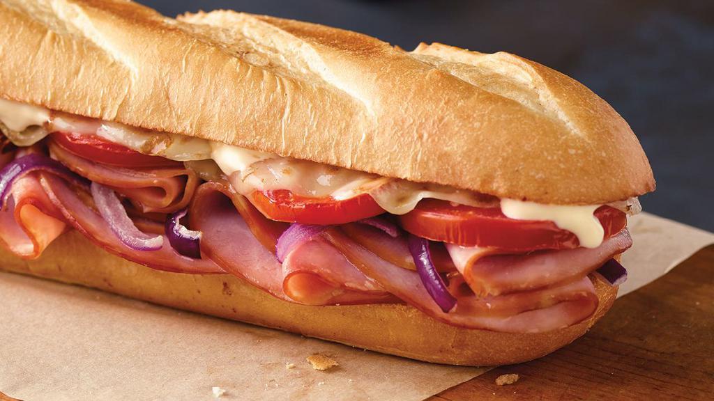 Ham & Cheese · Ham, provolone cheese, tomatoes, red onions and mayo. 590 / one,170 cal.