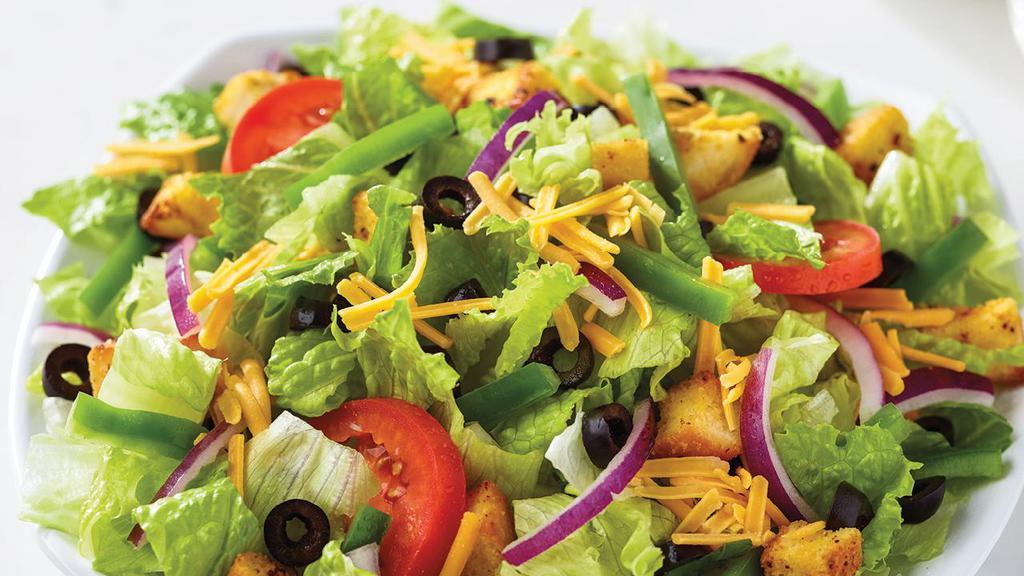 Regular Garden Salad · Fresh-cut lettuce blend, cheddar cheese, black olives, red onions, green peppers, sliced tomatoes, and croutons made daily; served with ranch dressing.