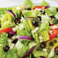 Regular Greek Salad · Fresh-cut lettuce blend, feta cheese crumbles, black olives, sliced tomatoes, red onions, an...
