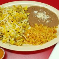 Potato & Eggs · Potatos, Eggs, Cheese, Rice & Beans. With Choice of Corn/ Flour Tortilla