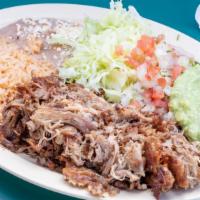 Carnitas Plate · Carnitas, Guacamole, Mexican Salsa, Lettuce, Rice & Beans on the Side. With Choice of Corn/ ...