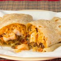Dani Burrito · Carne Asada, Shrimp, Mexican Salsa, Cheese, Tartar Sauce & Rice.